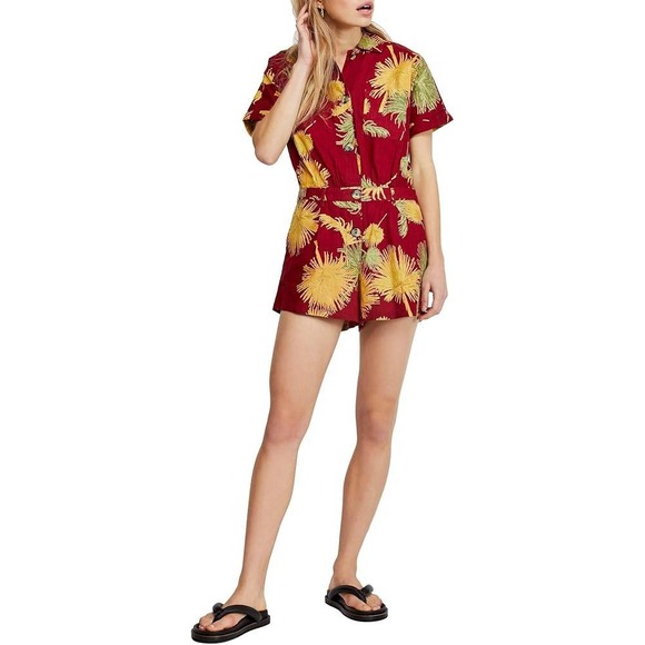 Free People Pants - Free People Malibu Romper Womens XS Burgundy Linen Blend Short Sleeve Playsuit